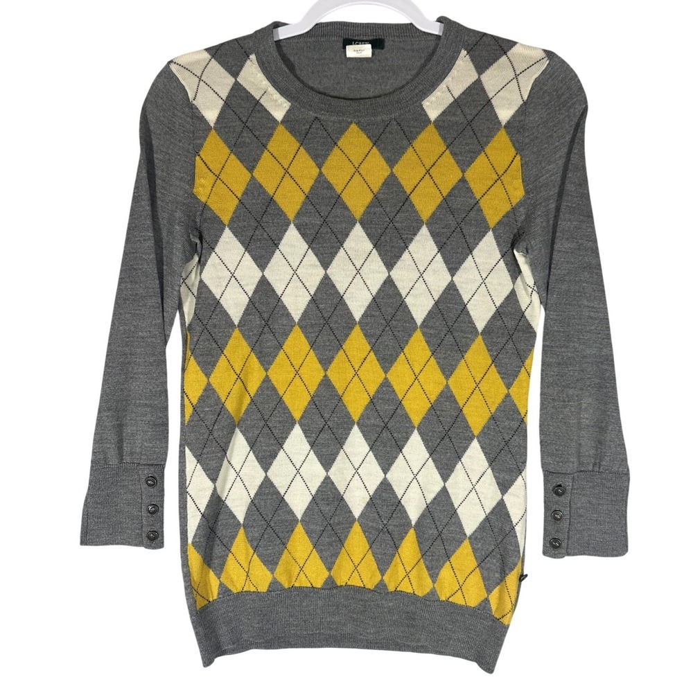J Crew 100% Merino Wool Argyle Sweater Sz S‎ Gray Yellow Button Cuff Academia
